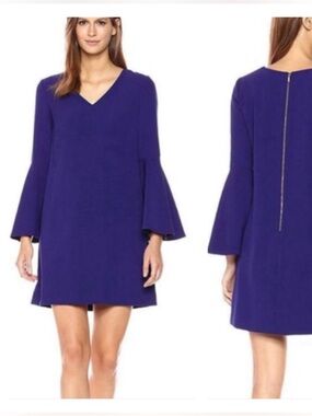 Tahari By Arthur Levine Bell Sleeve Shift Dress Purple v-neck XLarge NWT